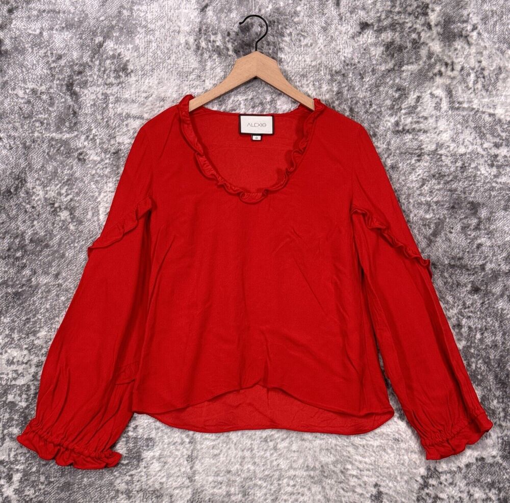 Alexis Top Small Womens Red Ruffled Scoop Neck Long Sleeve Blouse